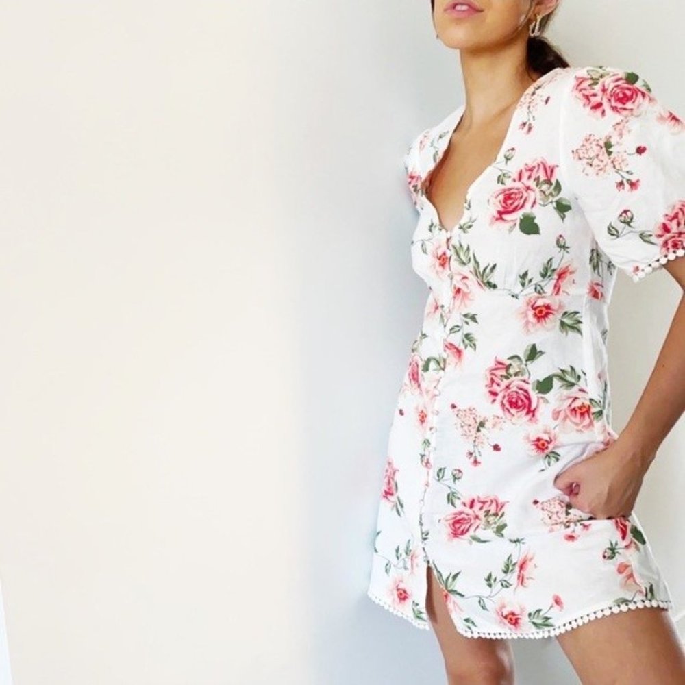 Zara White Linen Blend Puff Sleeve Button Front Mini Dress